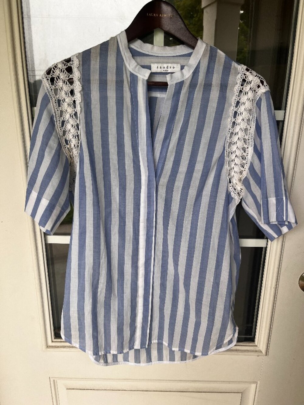 Sandro Paris Striped Button Down Lace Blouse - Small/4